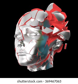 Glossy Woman Head Exploding Shuttered  - Headache, Mental Problems, Stress, Disaster  Concept Illustration. High Quality 3d Render, Isolated.