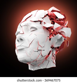 Glossy Woman Head Exploding Shuttered  - Headache, Mental Problems, Stress, Disaster  Concept Illustration. High Quality 3d Render, Isolated.