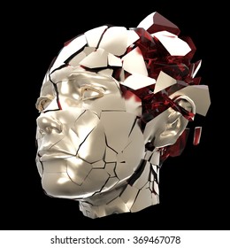 Glossy Woman Head Exploding Shuttered  - Headache, Mental Problems, Stress, Disaster  Concept Illustration. High Quality 3d Render, Isolated.