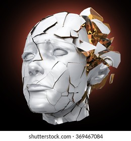 Glossy Woman Head Exploding Shuttered  - Headache, Mental Problems, Stress, Disaster  Concept Illustration. High Quality 3d Render, Isolated.