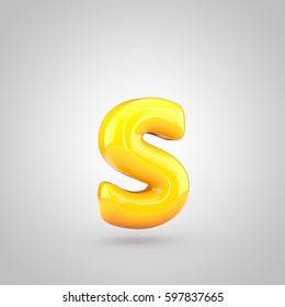 Glossy yellow paint letter S lowercase. 3D render of bubble twisted font with glint and ring light reflection isolated on white background.