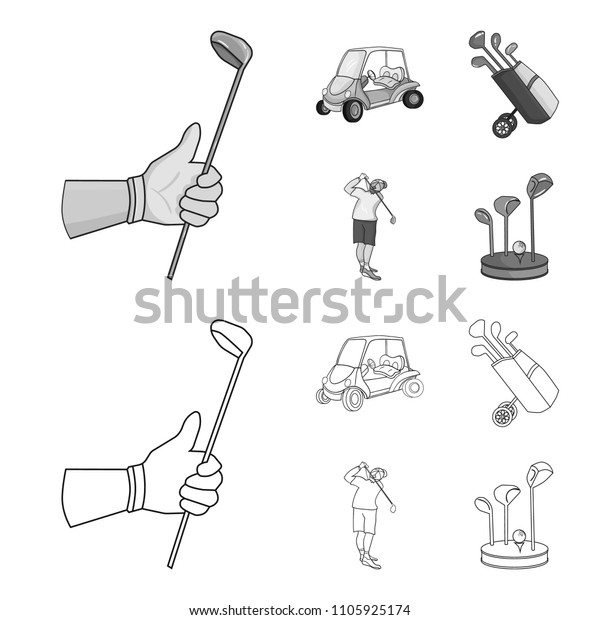 A gloved hand with a stick, a golf cart, a\
trolley bag with sticks in a bag, a man hammering with a stick.\
Golf Club set collection icons in outline,monochrome style bitmap\
symbol stock\
illustration