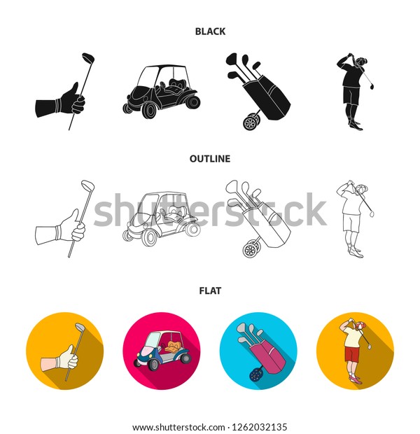 A\
gloved hand with a stick, a golf cart, a trolley bag with sticks in\
a bag, a man hammering with a stick. Golf Club set collection icons\
in cartoon style bitmap symbol stock illustration\
web.