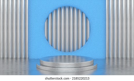 Glow Blue Chrome Podium Platform Studio. Stage Background. Round Pedestal. Square Frame, Two Cylinder Blocks, Abstract Minimal Concept, Simple Clean Design, Luxury Minimalist Mockup. 3d Render