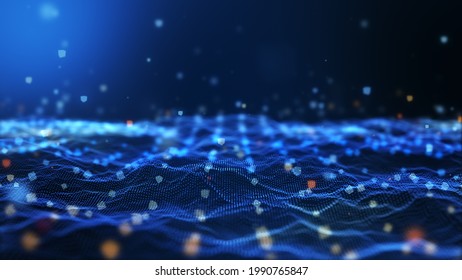 Glänzend blaue digitale Landschaft mit Würfeln Teilchen. Crypto Währung, Big Data, Blockchain und Digital Technology Konzept. 3D-Rendering.