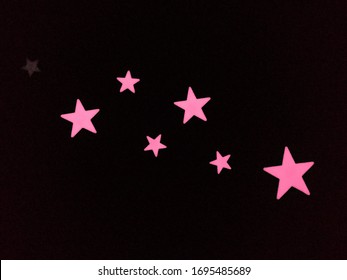 Glow In The Dark Stickers. Glowing Stars On Kids Bedroom Ceiling. Bright, Shimmering Neon Stars. 