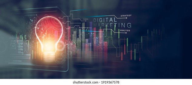 The glow light Data digital marketing analysis graph with light bulb in dark background. 3D illustration in Technology concepts.