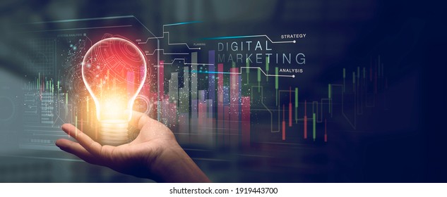 The glow light Data digital marketing graph with light bulb in dark background. 3D illustration in Technology concepts.