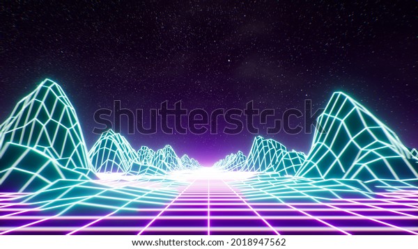 Glow Neon Light Synthwave Grid Mountain Retro\
Background 3D\
Render