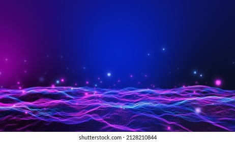 Violett-blaue Landschaft mit Würfeln. Crypto Währung, Big Data, Blockchain und Digital Technology Konzept. 3D-Rendering.