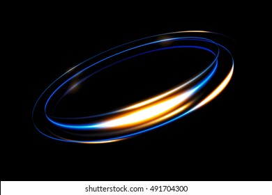 Glow swirl light effect. Circular lens flare. Abstract rotational lines. Power energy element. Space for message. Neon luminous