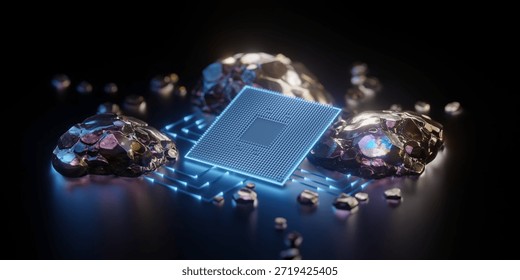 Glowing 3D render CPU surrounded by raw rare earth minerals. Symbolizes technology, innovation, digital future, critical materials, sustainability, global supply chain. Science, industry, resources - Powered by Shutterstock - Get 15% off with code: PIKWIZARD15