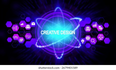 A glowing abstract atom with orbiting lines and circuit board patterns. Purple hexagons with white icons representing business concepts surround the atom on a dark, radiating background.