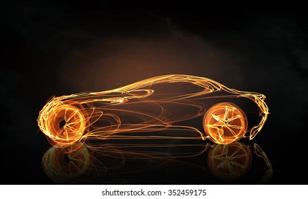 Glowing Abstract Car Outline Silhouette On Dark Background