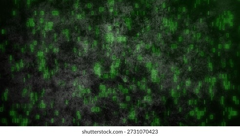 Glowing abstract field of green code glyphs filling virtual cyber backdrop, with smoky gridlines. Neon, data, symbols, digital, matrix, glow, tech