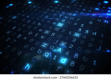 Glowing alphanumeric characters are floating on 3D render digital grid with light streaks. Futuristic, technology, data, cyber, sci-fi, matrix, abstract
