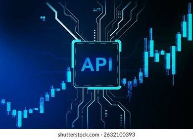 Glowing API chip with digital circuit lines and blue candlestick chart on dark futuristic background, concept of finance and technology. 3D Rendering