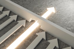 Glowing Arrow Breaking Through Wall On Concrete Background. Breakthrough And Success Concept. 3D Rendering 