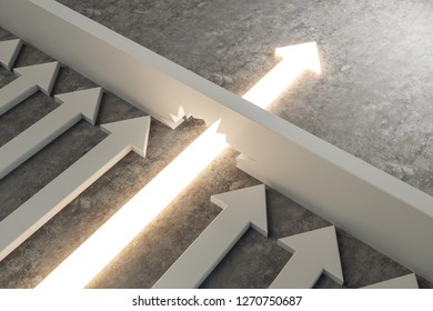 Glowing Arrow Breaking Through Wall On Concrete Background. Breakthrough And Success Concept. 3D Rendering 