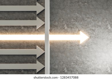 Glowing Arrow Breaking Through Wall On Concrete Background. Breakthrough And Growth Concept. 3D Rendering 