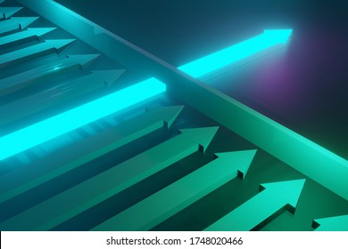 Glowing Arrow Breaking Through Wall On Concrete Background. Breakthrough And Success Concept. 3D Rendering 