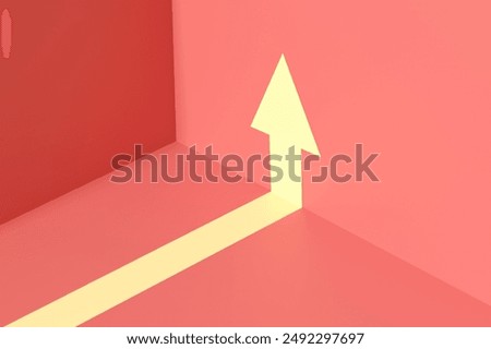 Glowing up arrow is casting a shadow on a pink wall, representing growth and progress. 3d render.