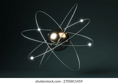 Glowing atomic structure with metallic nucleus and bright orbiting particles on a dark background. Concept of science, light, and creativity. 3D Rendering