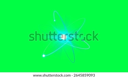 Glowing atomic structure with orbiting electrons on a vibrant green background. Atomic energy, electrons, and glowing particles create a dynamic scientific illustration. Vibrant green background.
