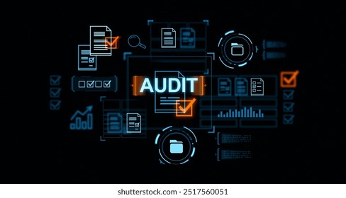 Glowing audit hologram hud with files and documents, check mark and statistics. Concept of business evaluation process, market data report analysis and certification. 3D rendering illustration - Powered by Shutterstock