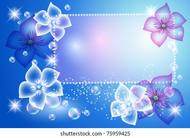 Glowing background with transparent flowers and bubbles. Raster version of vector.