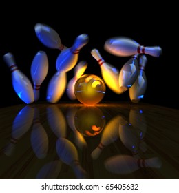 Glowing ball does strike! Physically correct simulation of swirling strike in bowling with the real 3D motion blur on. Night lighting effect