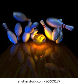 Glowing Ball Does Strike! Physically Correct Simulation Of Swirling Strike In Bowling With The Real 3D Motion Blur On. Night Lighting Effect