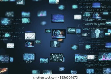 Glowing big data interface on digital screen. Malware and futuristic concept. Multiexposure. 3D Rendering