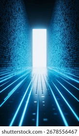 Glowing binary data tunnel background, 3d rendering.