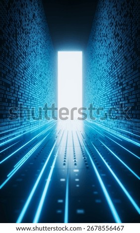 Glowing binary data tunnel background, 3d rendering.
