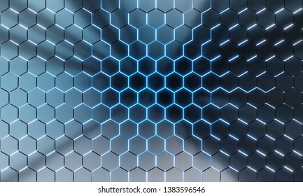 Glowing Black And Blue Abstract Hexagons Background Pattern On Silver Metal Surface 3D Rendering