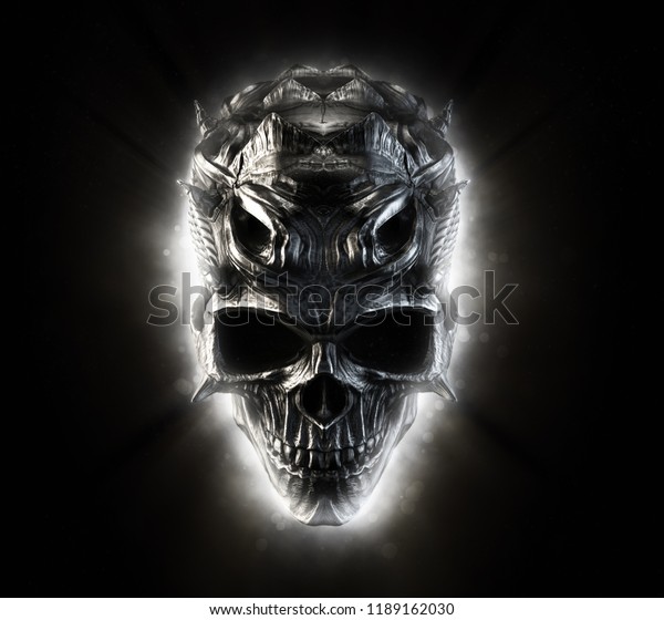 輝く黒い金属のデーモンの頭蓋 3dイラスト のイラスト素材