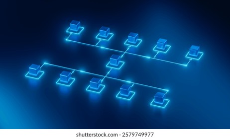 A glowing blue 3D digital of a structured workflow diagram, representing business processes, organizational hierarchy, and data management in a futuristic style.