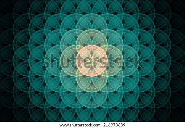 Glowing blue abstract fractal background with a\
detailed decorative flower of life pattern spreading from the\
center which is in shining orange and yellow colors, all against\
black color.