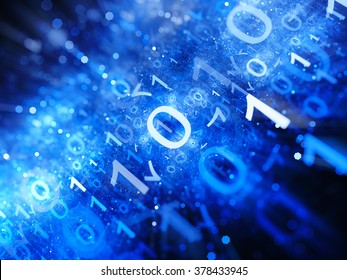 Glowing Blue Big Data In Space With Particles, Depth Of Field, Binary Code, Computer Generated Abstract Background