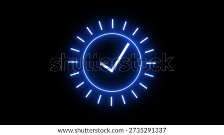 A glowing blue checkmark inside a circular clock face with thin minute ticks set against a black background