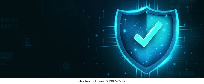 A glowing blue cybersecurity shield with a checkmark symbol, representing digital protection, data privacy, and network safety on a dark technological background.