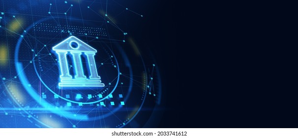 Glowing Blue Digital Bank Icon On Blue Backdrop With Mock Up Place. Online Banking And Transaction Concept. 3D Rendering