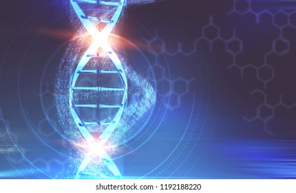 Glowing Blue Dna Helix With Binary Numbers And Hud Swirling Around It Over Dark Blue Background With Atomic Grid. Concept Of Hi Tech In Medicine. 3d Rendering Toned Image Double Exposure Mock Up