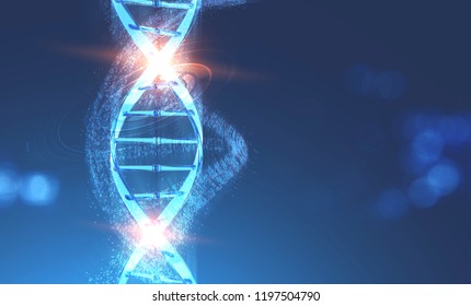 Glowing Blue Dna Helix With Binary Numbers And Hud Swirling Around It Over Dark Blue Background. Concept Of Science And Hi Tech In Medicine. 3d Rendering Toned Image Double Exposure Mock Up