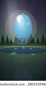 A glowing blue egg-shaped object hovers mysteriously above a dark pond surrounded by silhouetted pine trees under a starry night sky.