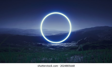 Glowing Blue Light Circle On The Night Foggy Grassland 3D Rendering