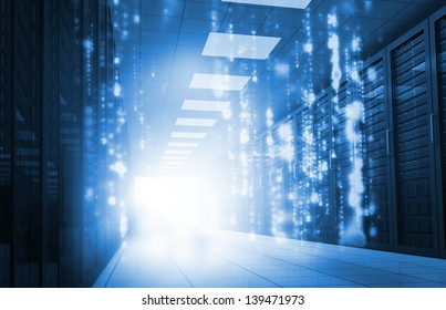 Glowing Blue Matrix Falling In Data Center