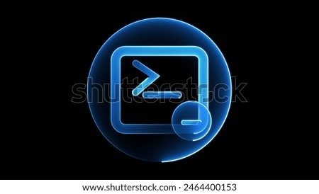 A glowing blue neon icon of a command prompt or terminal window on a black background. The icon features a command prompt symbol () and a minus sign (-) in the lower right corner.