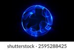 Glowing blue sphere. Wavy orb on isolated black background. Abstract blue energy sphere from particles and waves of magical glowing on a dark background, 4k,